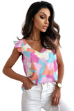 Pastel Geometric Print V-Neck Pleated Cap Sleeve Top