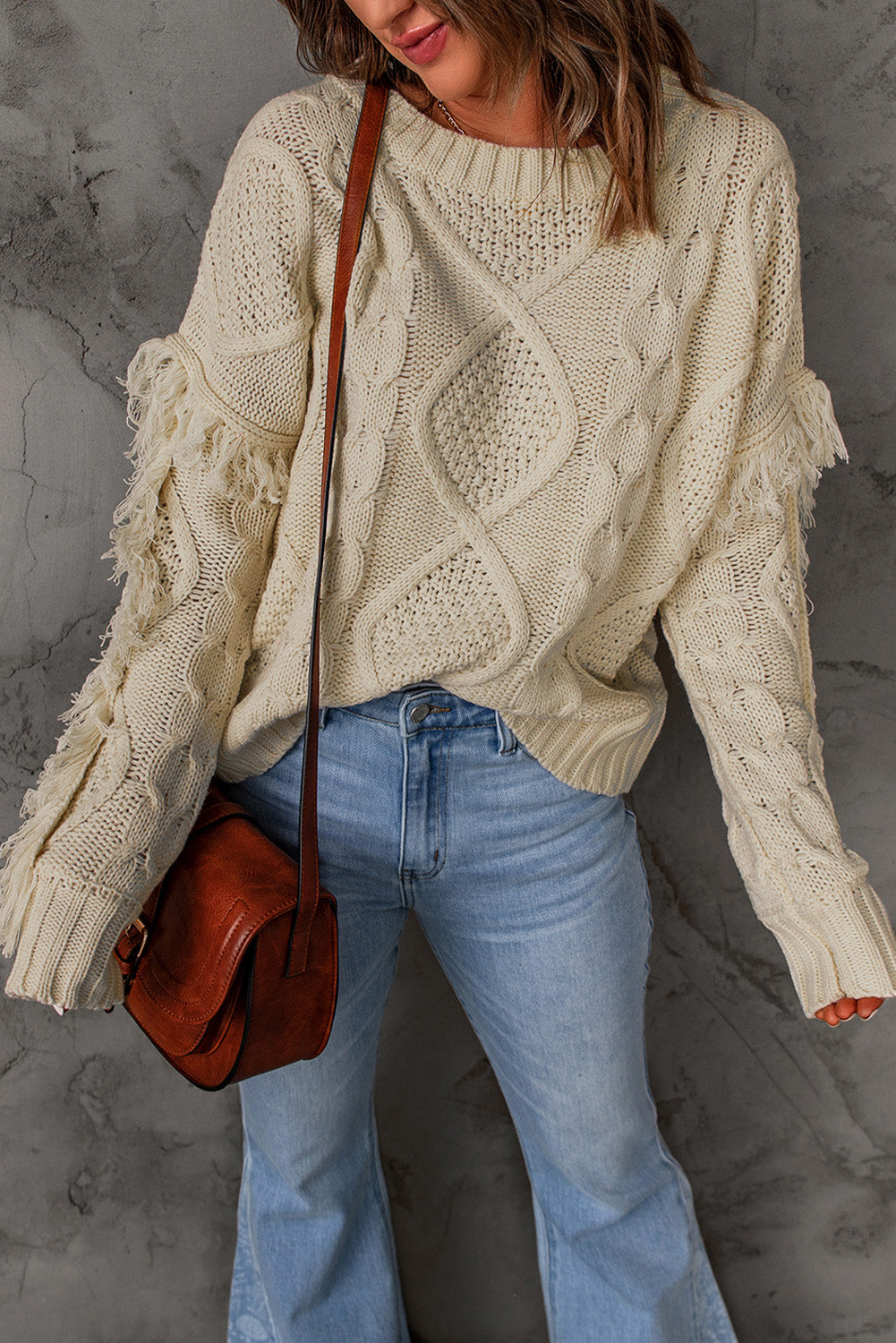 Cable Knit Fringe Trim Sweater