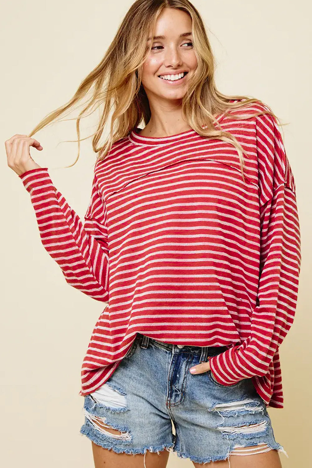 Striped Drop Shoulder Exposed Seam Long Sleeve Top