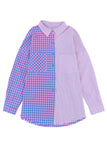 Chemise violette boutonnée à manches longues et poche poitrine à carreaux mélangés