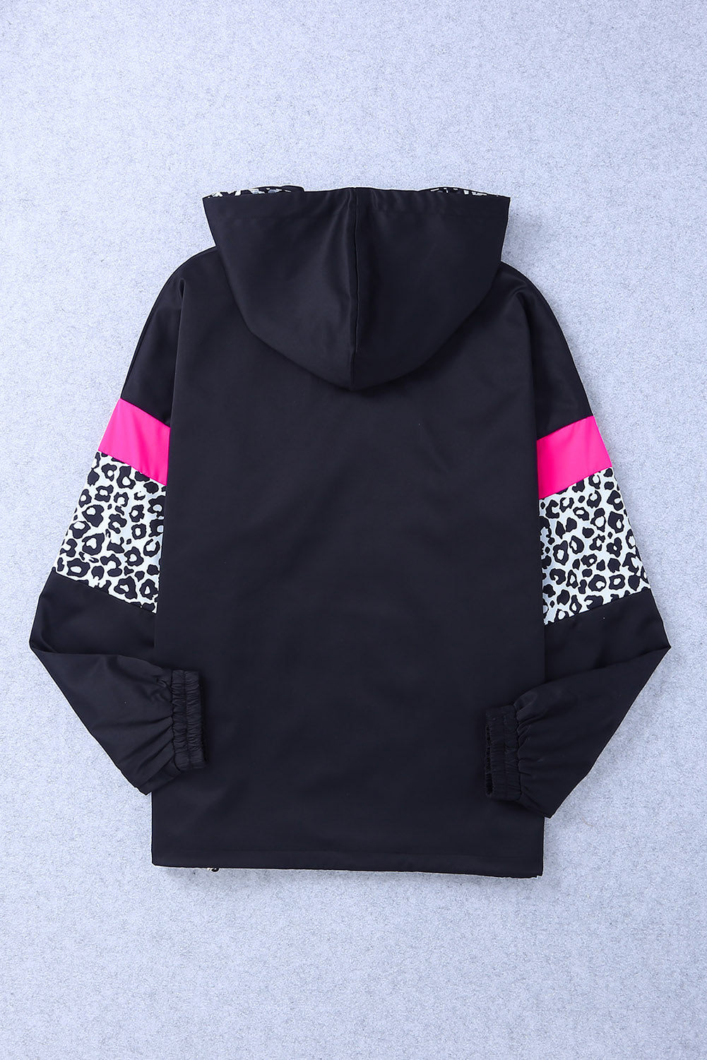 Black Leopard Color Block Pockets Zip-up Hooded Jacket