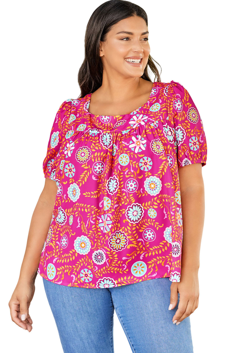 Pink Plus Size Square Neck Floral Blouse