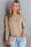 Cable Ribbed Knit Mix Pattern Puff Sleeve Sweater