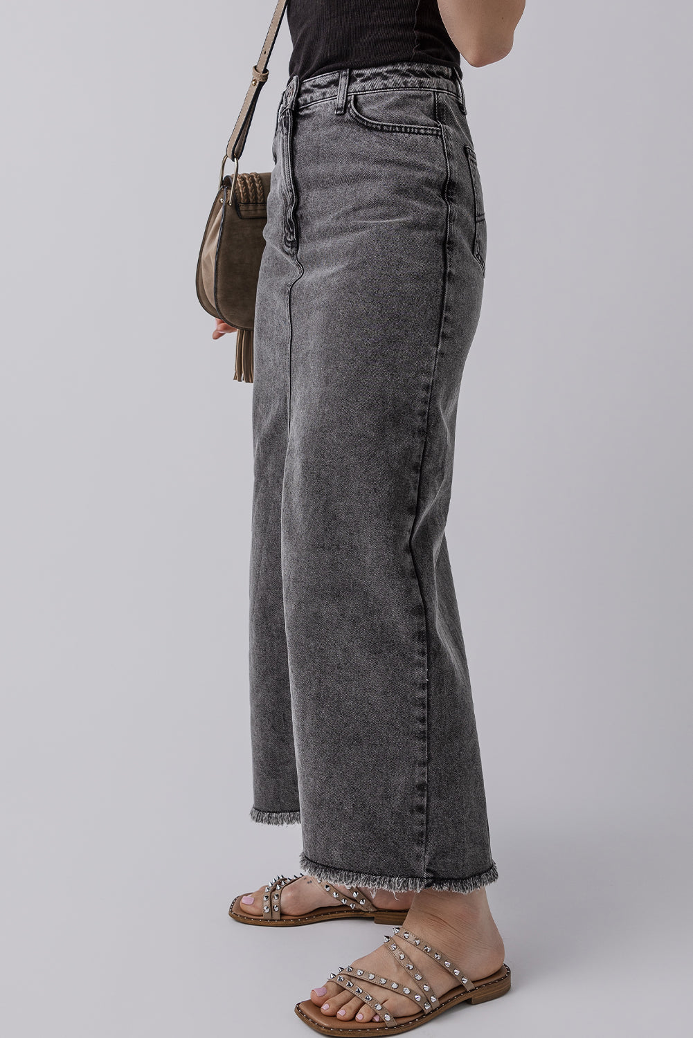 Dark Grey Denim Raw Hem Back Split High Waist Long Skirt