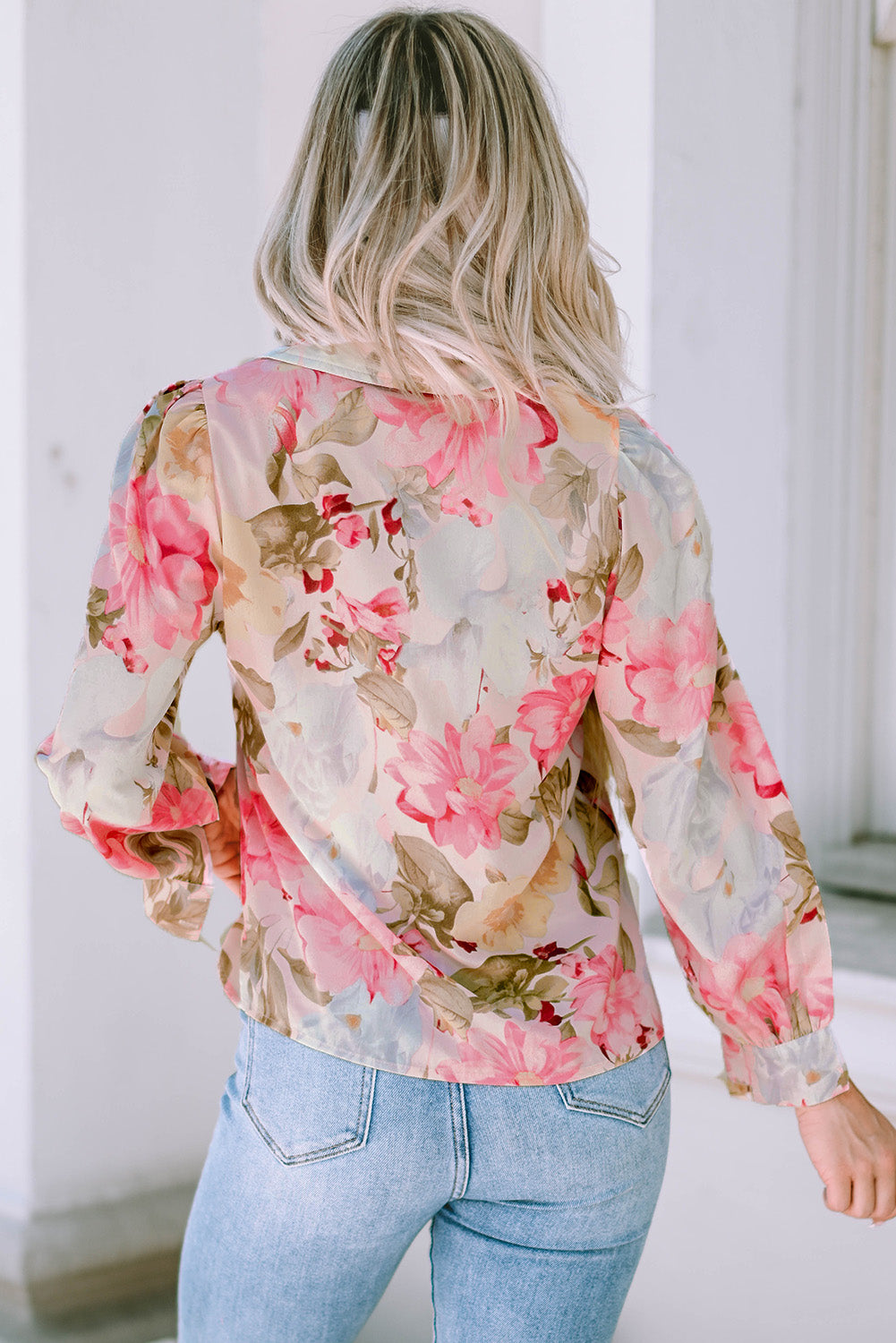 Pink Floral Print Tiered Ruffled Long Sleeve Blouse