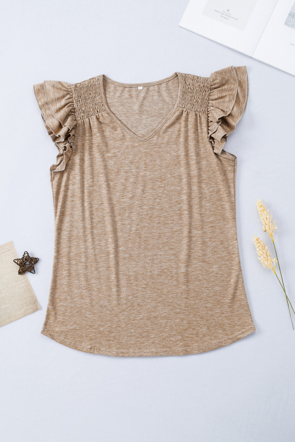 Solid Color V Neck Flutter Sleeve T-Shirt