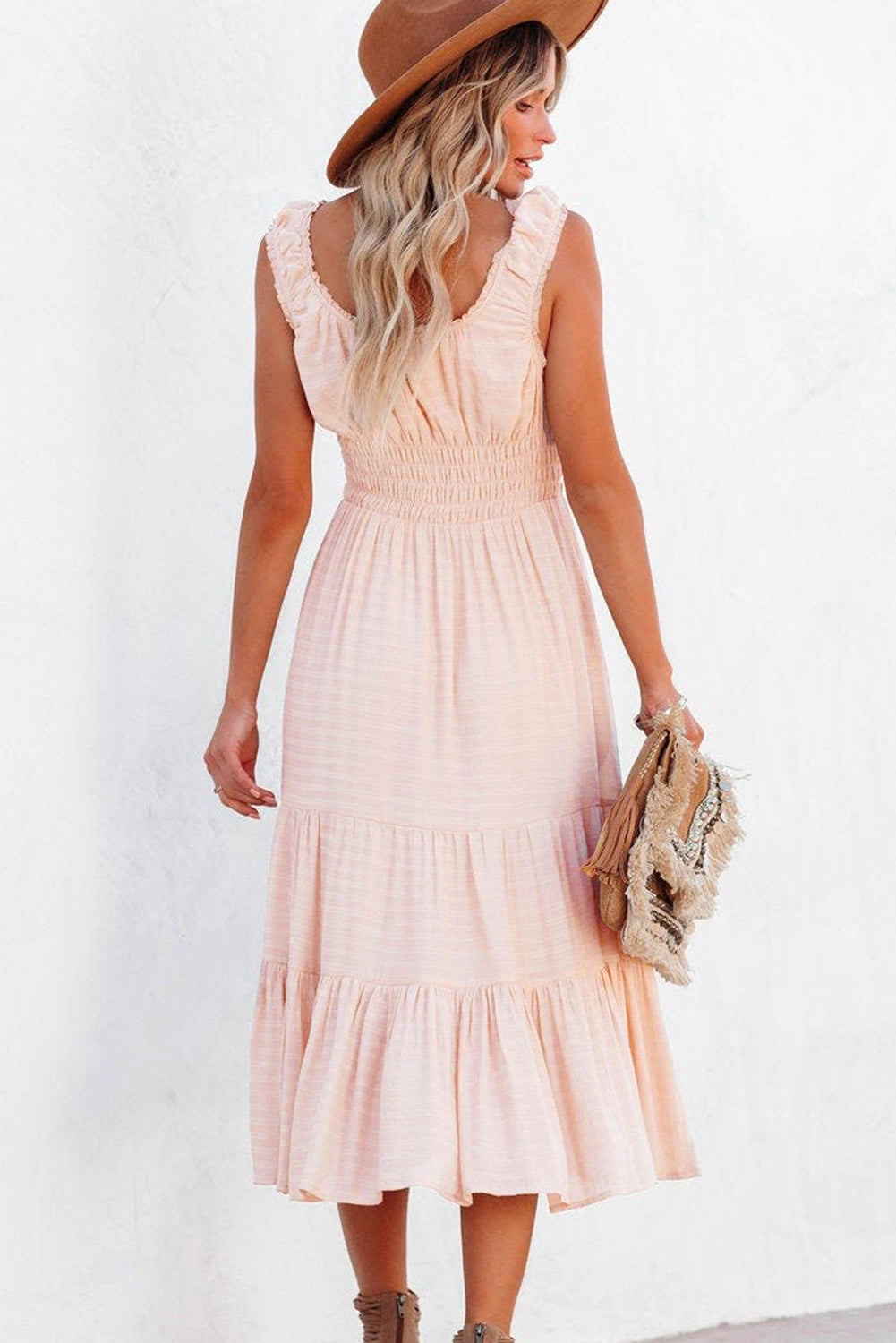 Smocked Ruched Sleeveless High Waist Midi Dress