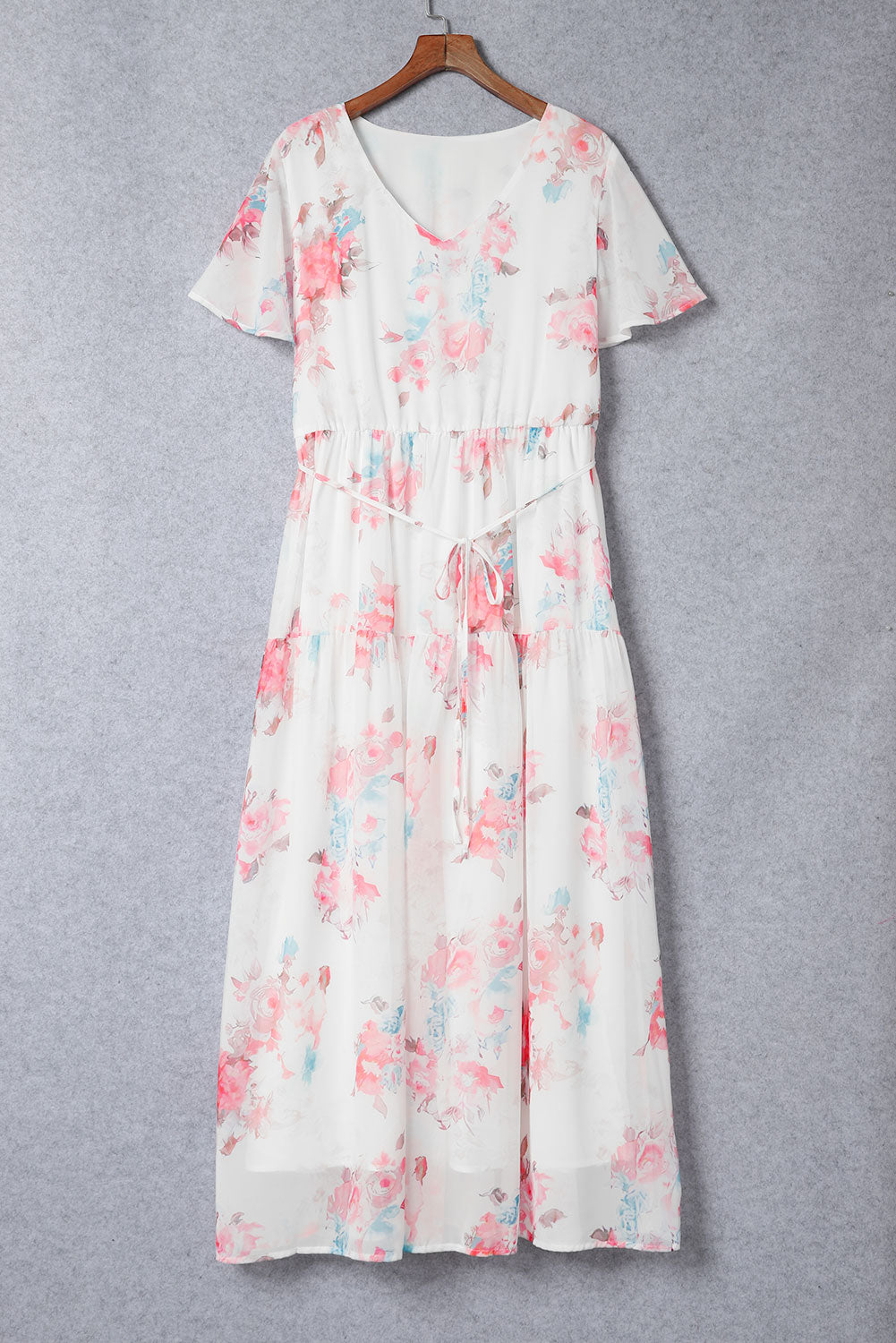 V Neck Short Sleeves Floral Print Maxi Dress