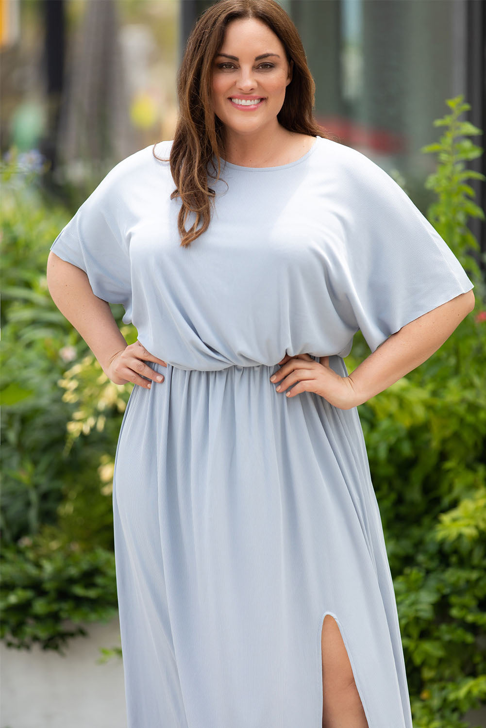 Plus Size Short Sleeves Rib Knit Maxi Dress with Slit