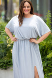 Plus Size Short Sleeves Rib Knit Maxi Dress with Slit