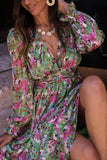 Floral Print Deep V Neck Ruched Cinched Waist Maxi Dress