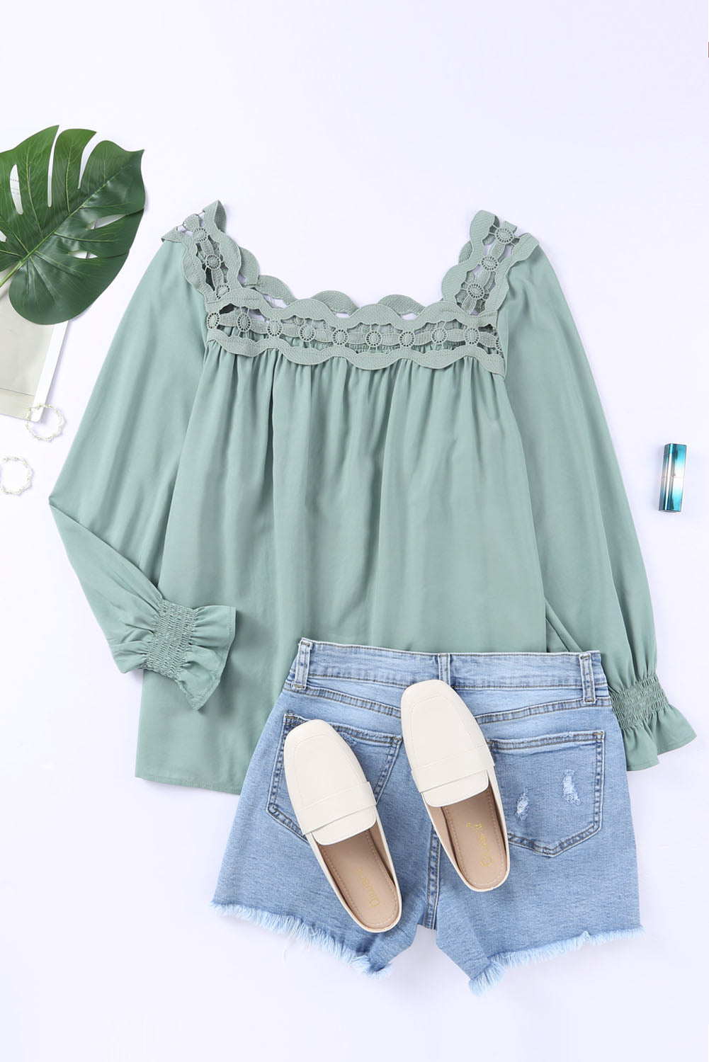 Lace Hollow-out Scalloped Neck Blouse