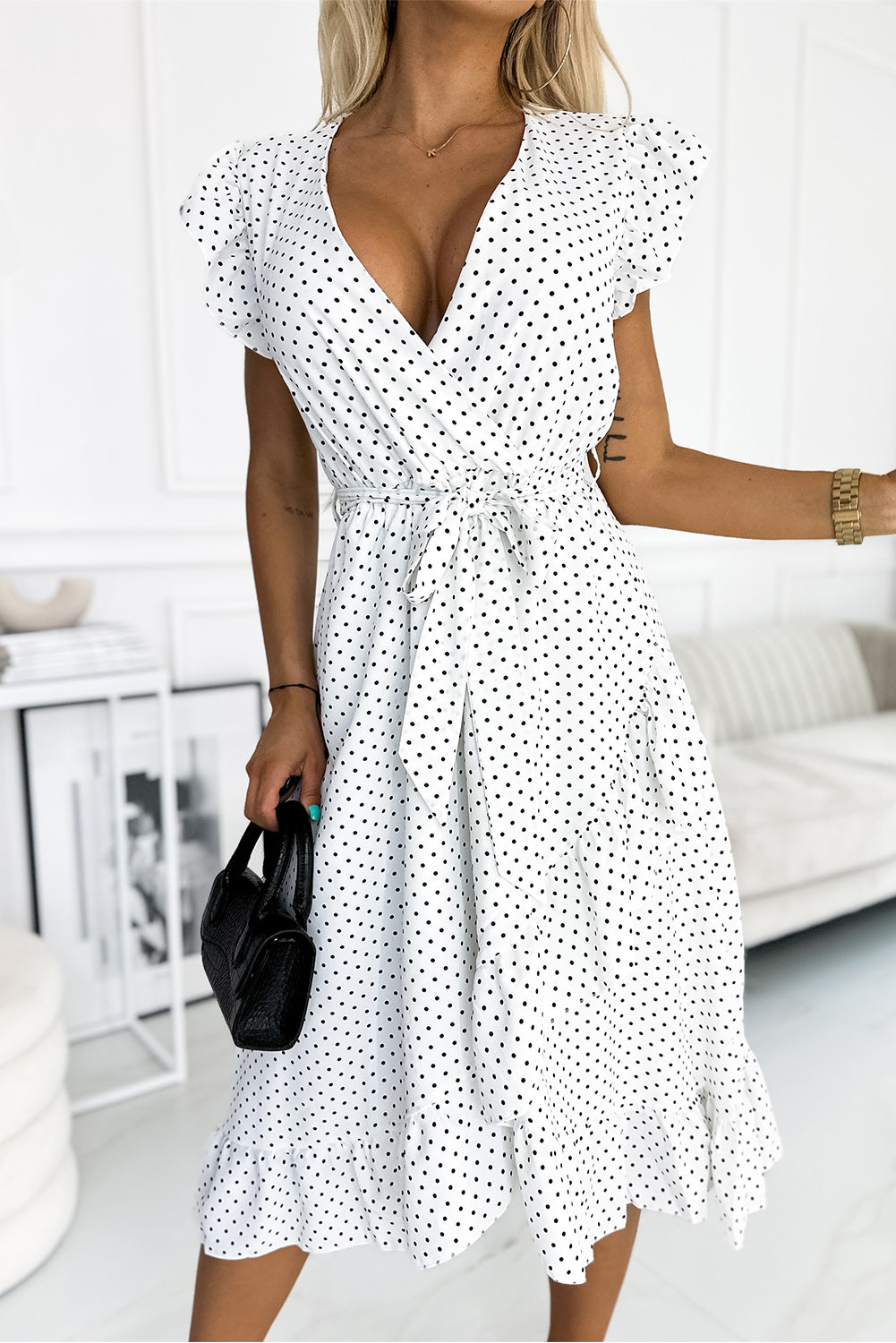 Polka Dot V Neck Wrap Tie Ruffled Sleeve Midi Dress