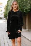 Velvet Frill Neck Long Sleeve Shift Dress