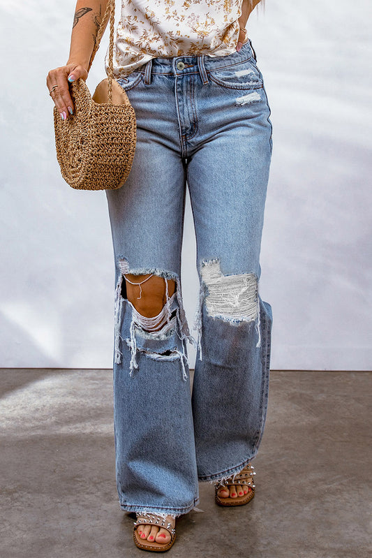 Destroyed Open Knee Wide Leg Jeans