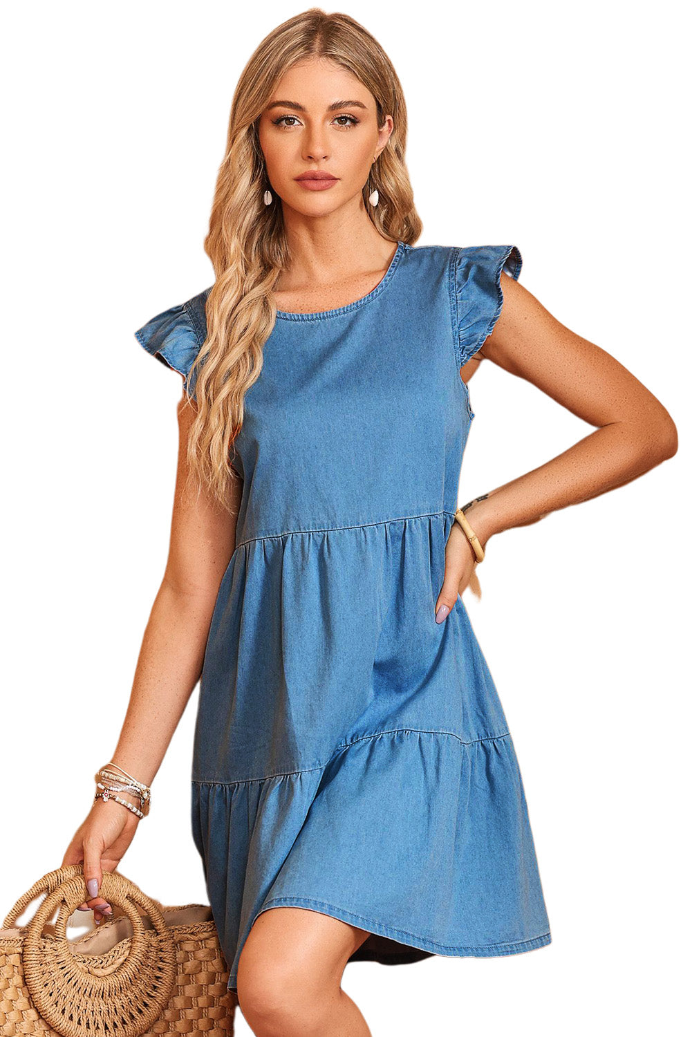 Crew Neck Flutter Tiered A-line Chambray Dress