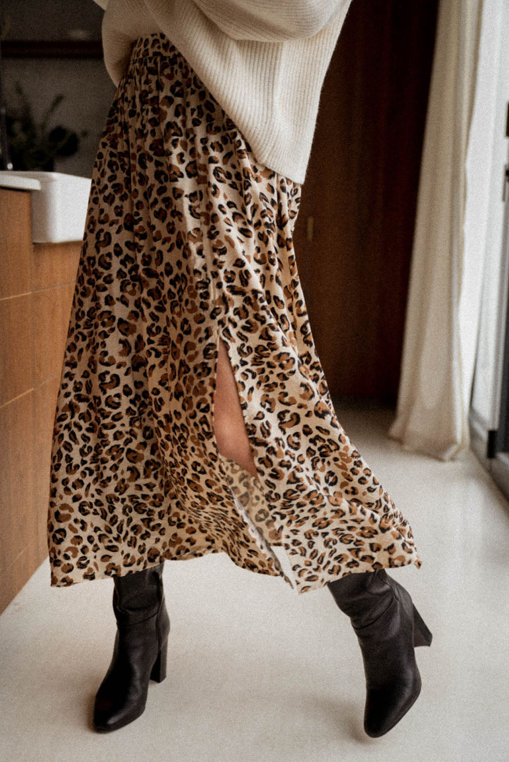 Animal Print High Waist Side Slit Long Skirt