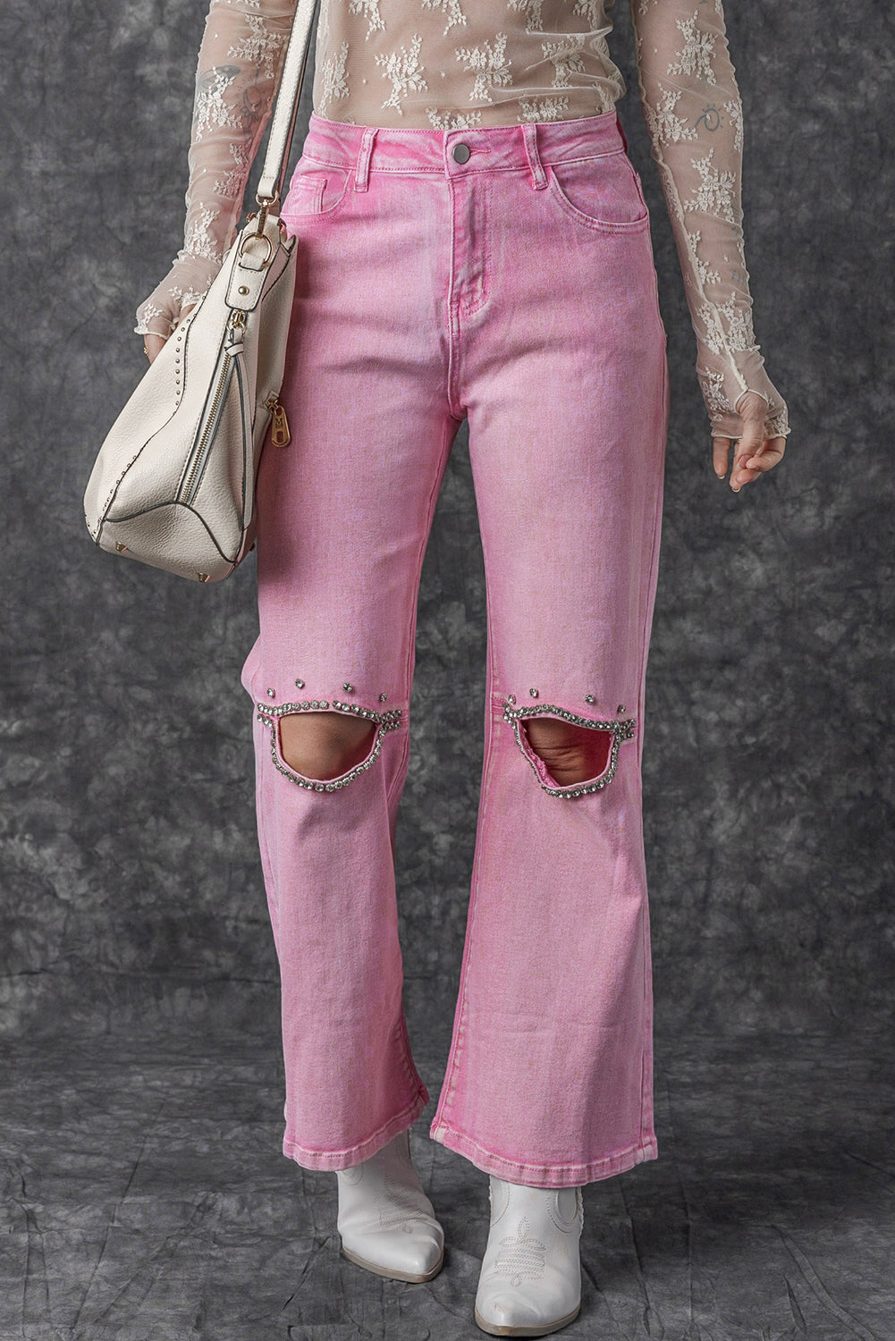 Pink High Waist Rhinestone Cutout Wide Leg Jeans