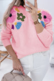 Light Blue Knitted Flower Pattern Ribbed Edge Sweater