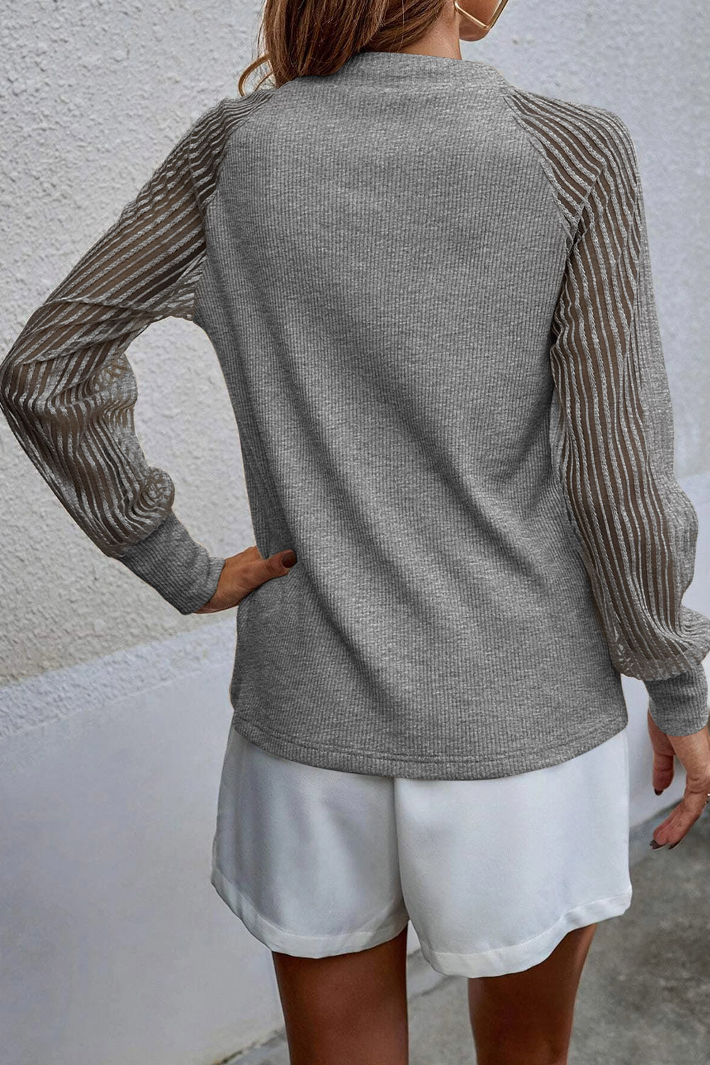 Striped Mesh Long Sleeve Crewneck Ribbed Top