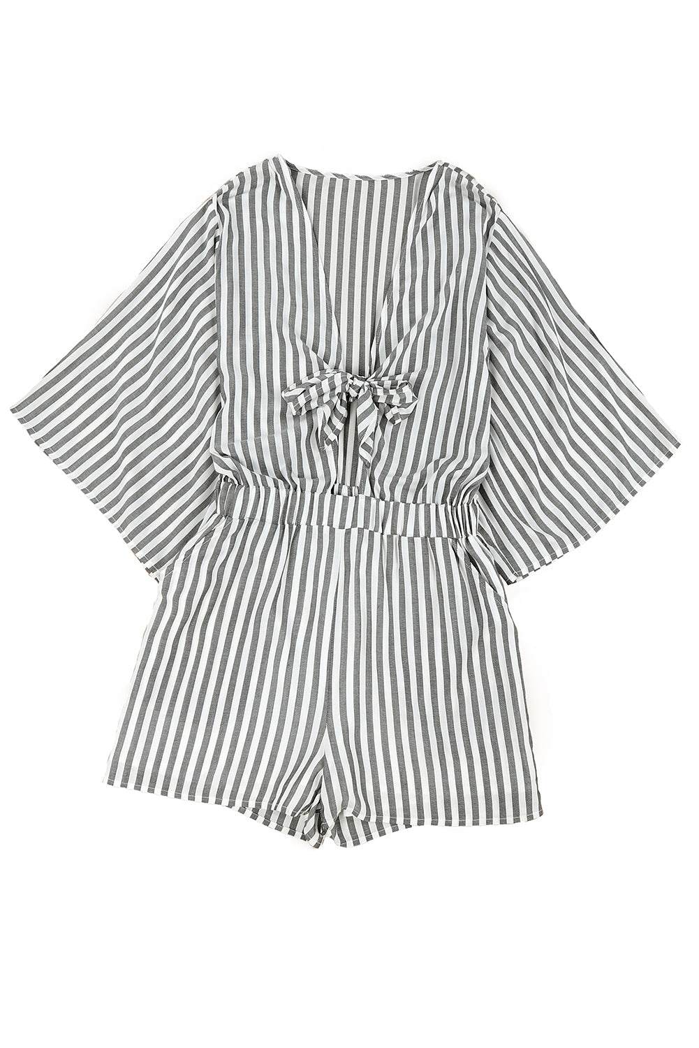 3/4 Wide Kimono Sleeves Tie Front Striped Romper with Pockets