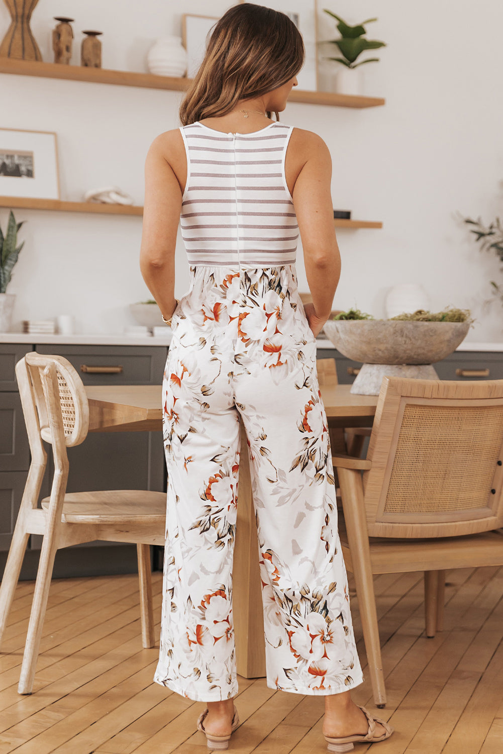 Striped Floral Pocket Sleeveless Jumpsuit