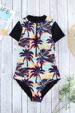 Beach Sunset Zip Front Half Sleeve One Piece Swimsuit