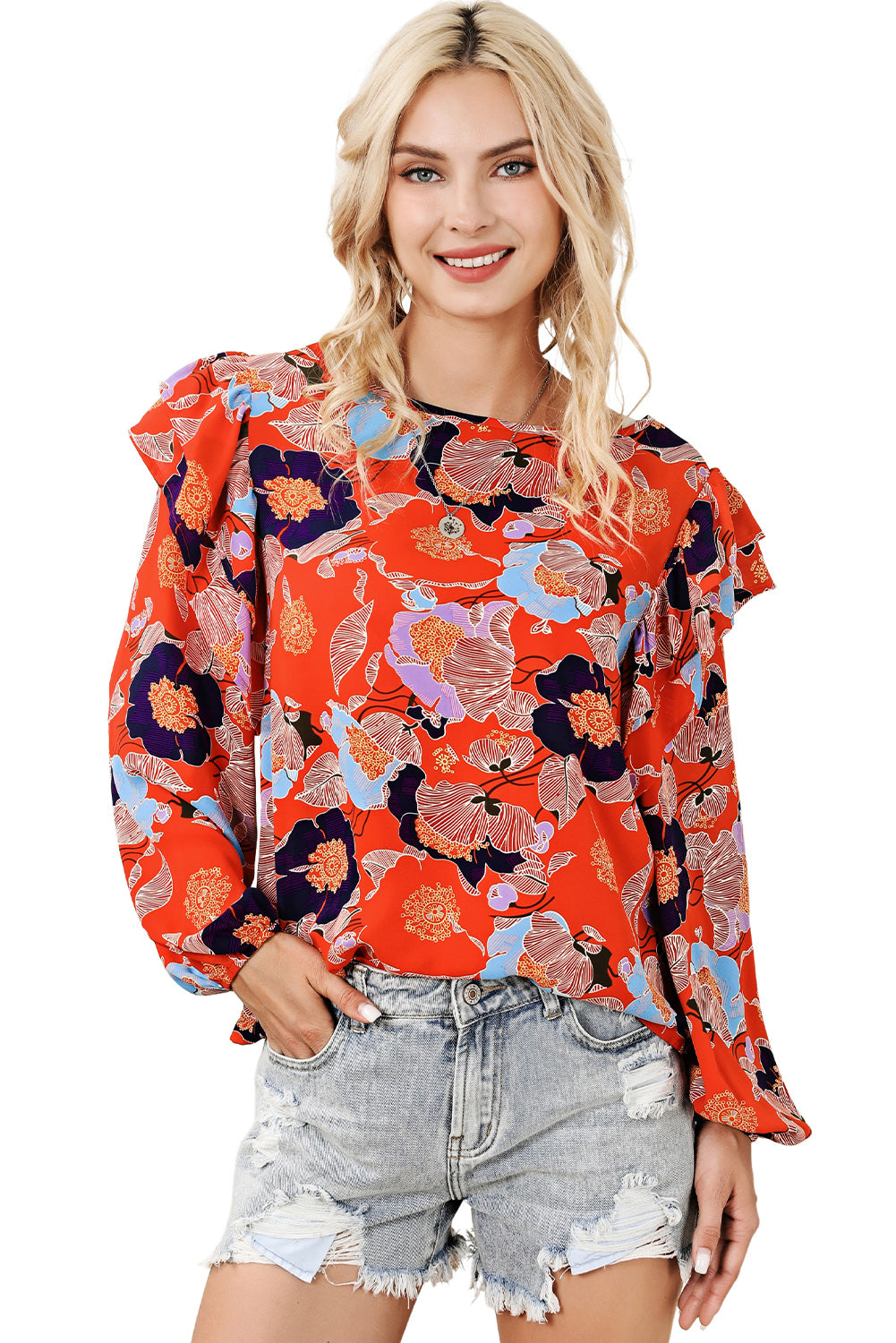 Red Floral Print Ruffle Puff Sleeve Blouse