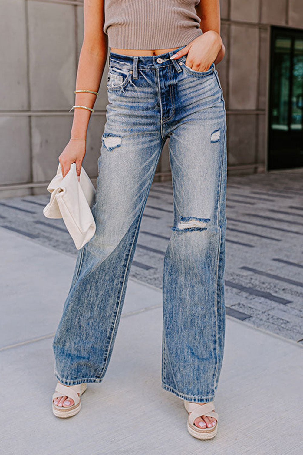 High Waist Distressed Straight Leg Washed Jeans