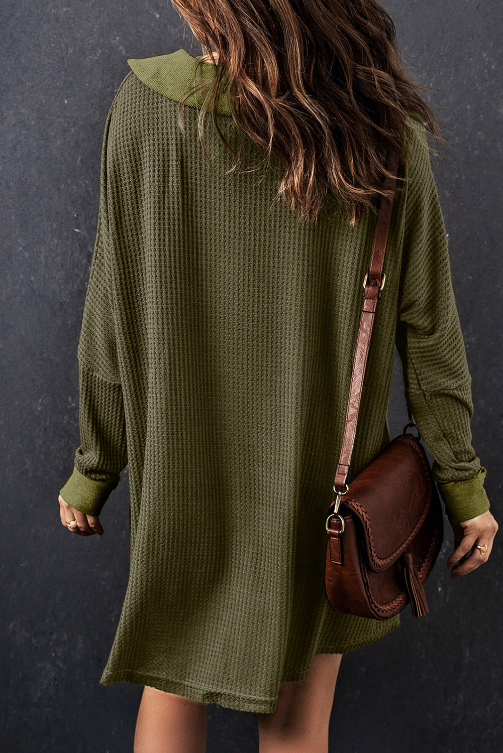 Brown Waffle Knit Buttoned Long Sleeve Top