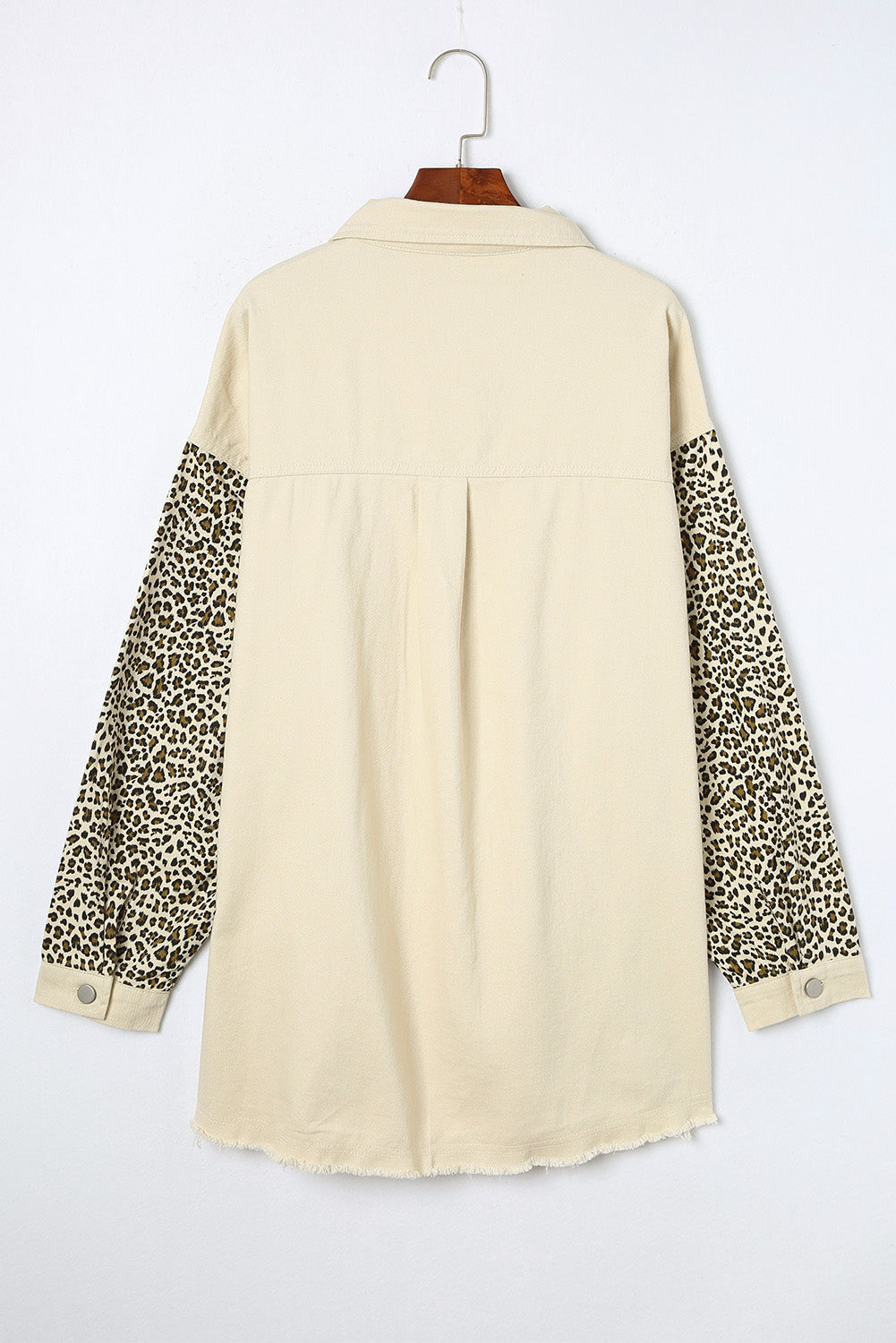 Plus Size Leopard Sleeve Raw Hem Denim Jacket