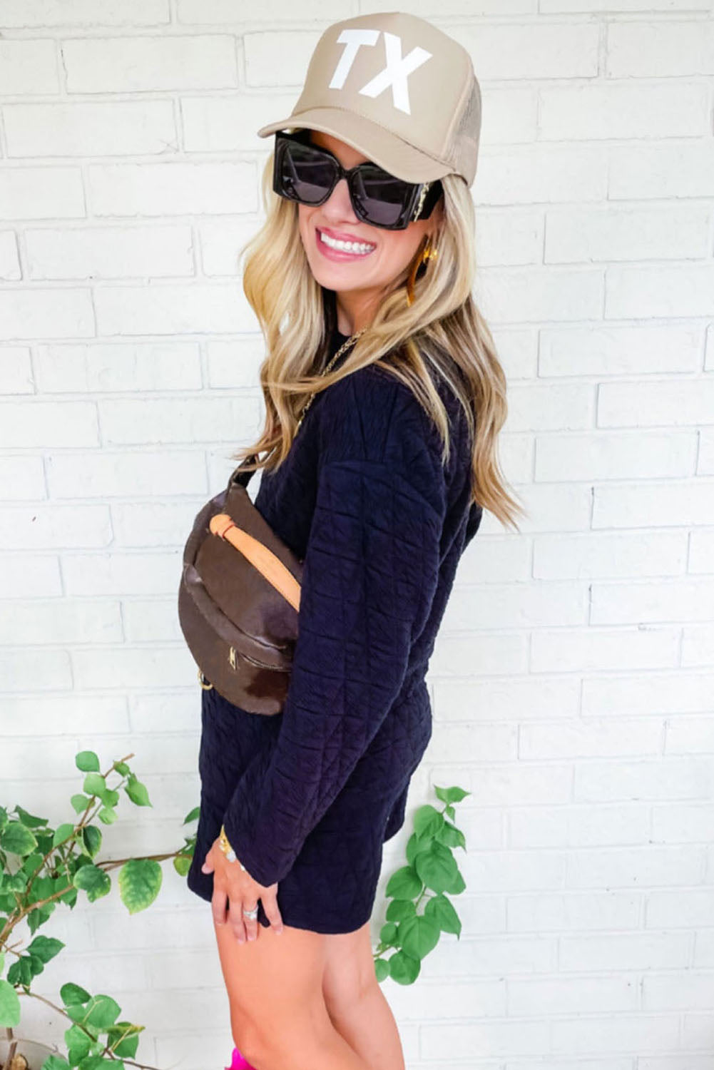 Black Textured Long Sleeve Top Shorts Outfit