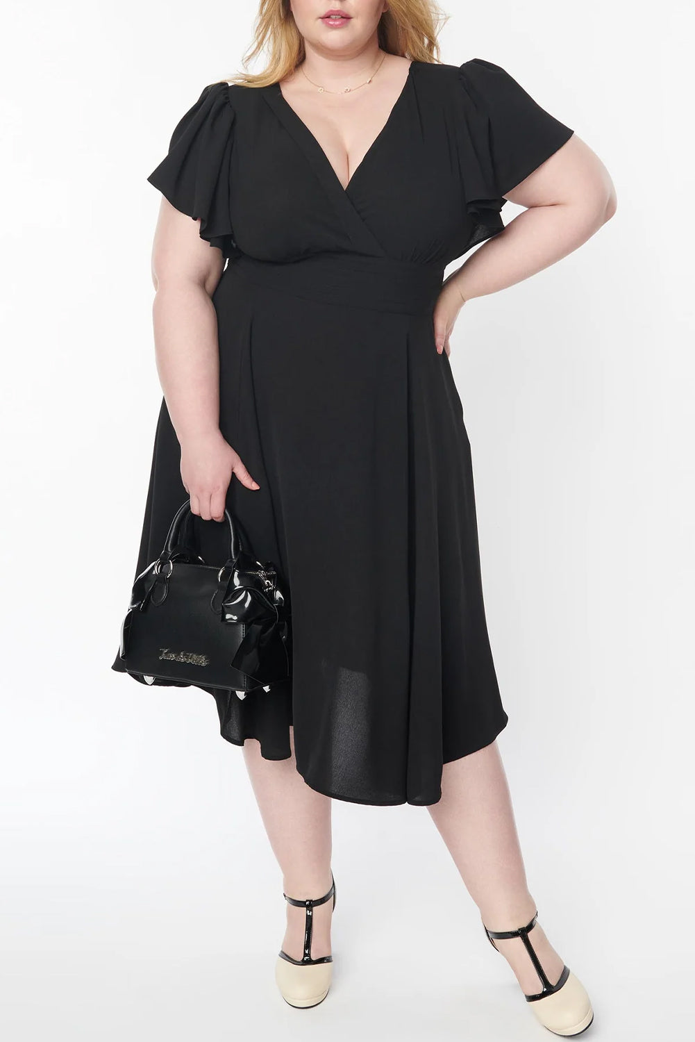 Plus Size Flutter Sleeve V Neck Midi Dress