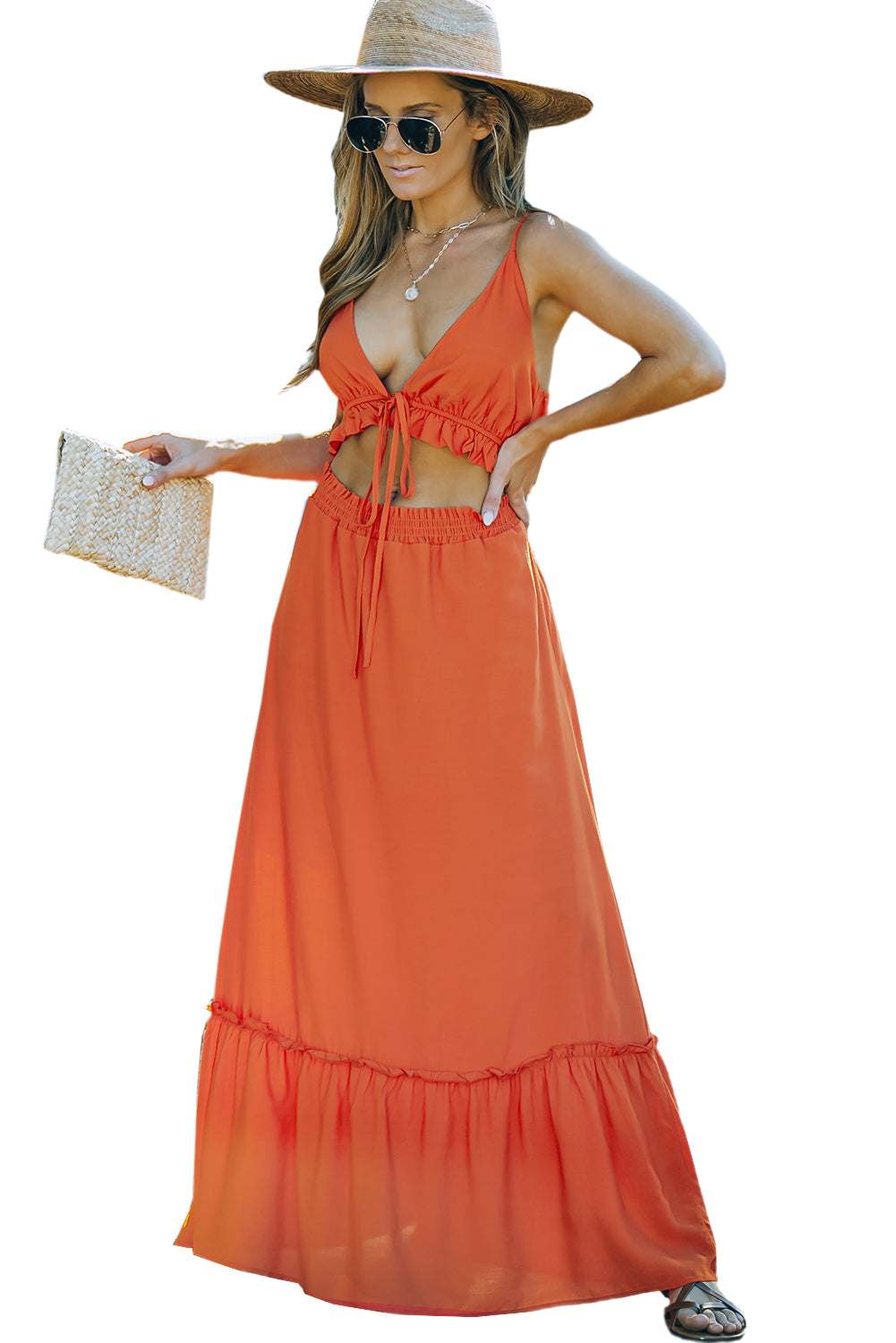 Ruffled Cut-out Spaghetti Strap Sleeveless Long Dress