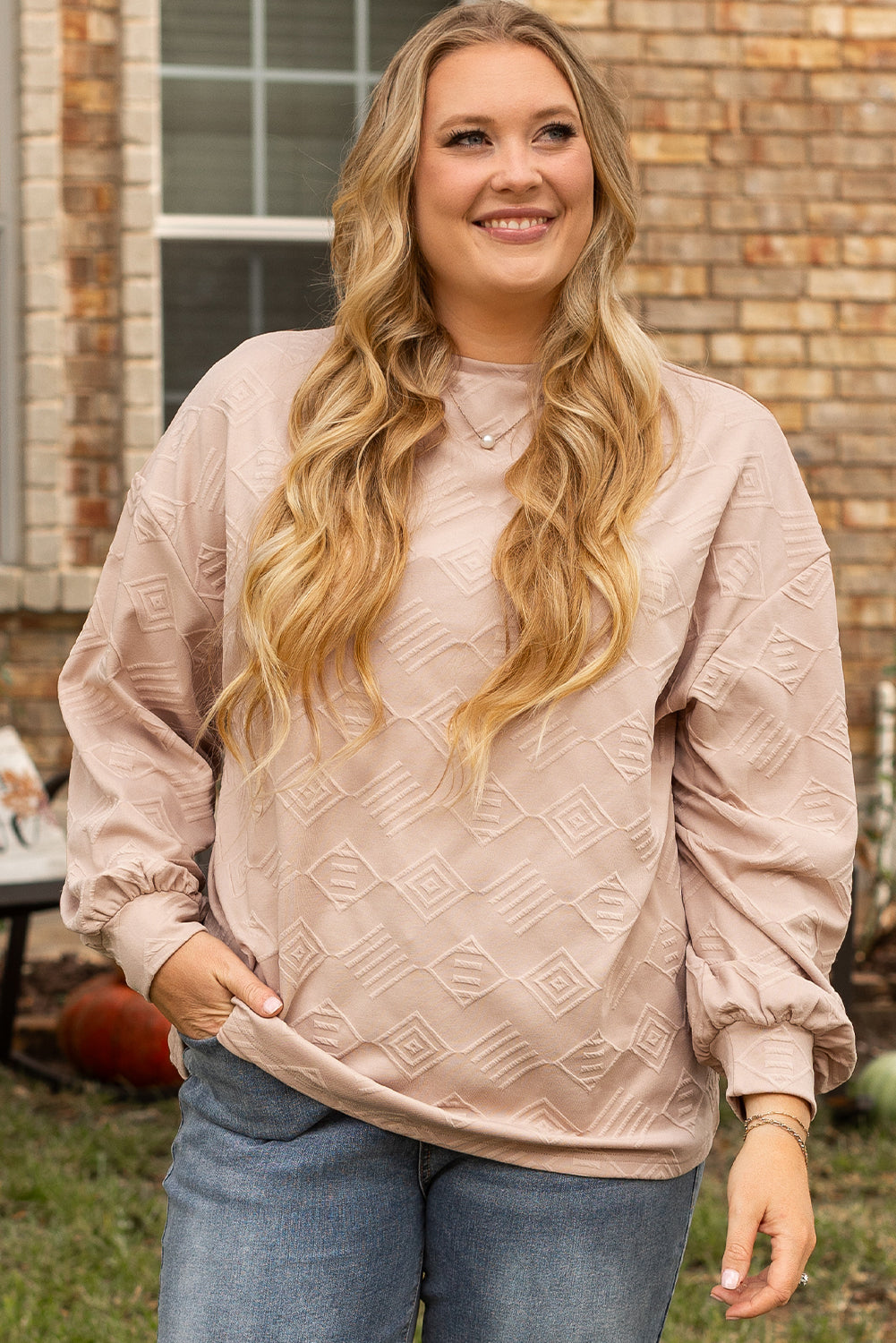 Parchment Plus Size Textured Drop Shoulder Crew Neck Sweatshirt