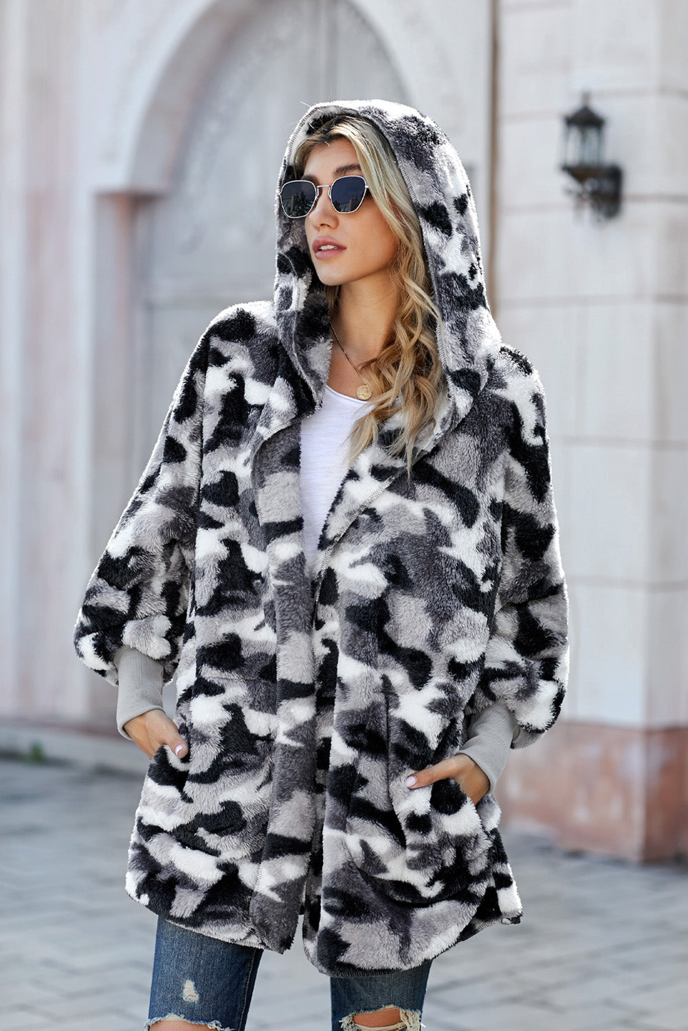 Camo Print Soft Fleece Hooded Open Front Coat