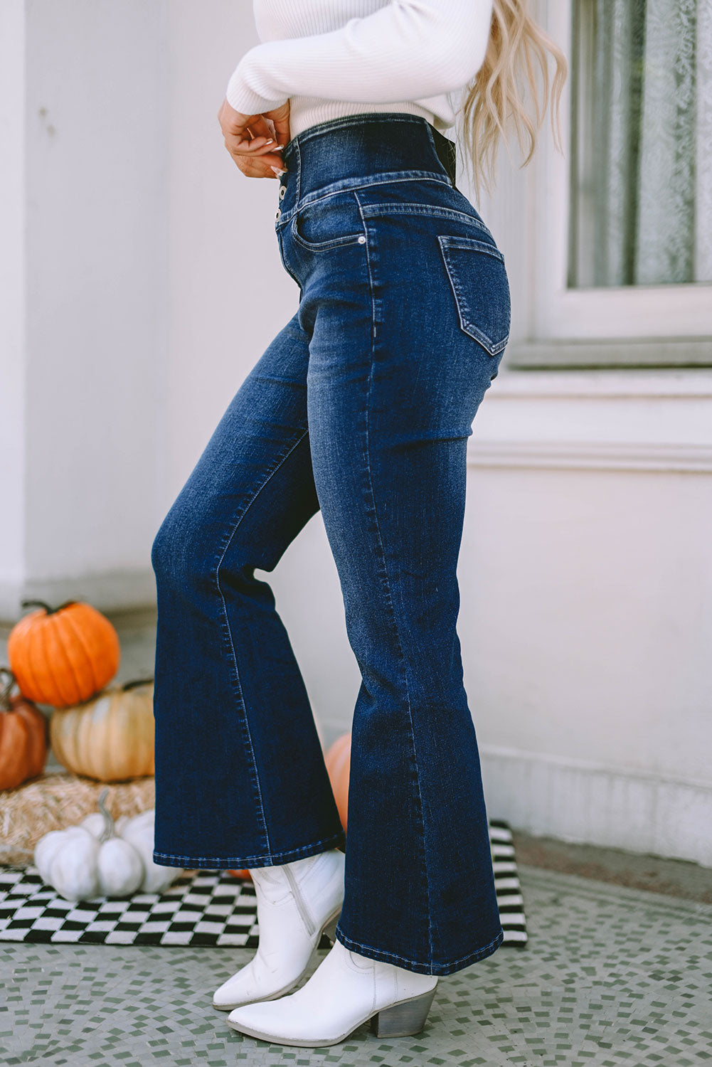 Buttons Elastic Wide Waistband Back Flare Jeans