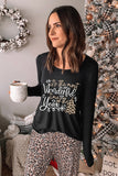 Long Sleeve Top and Leopard Print Pants Lounge Set