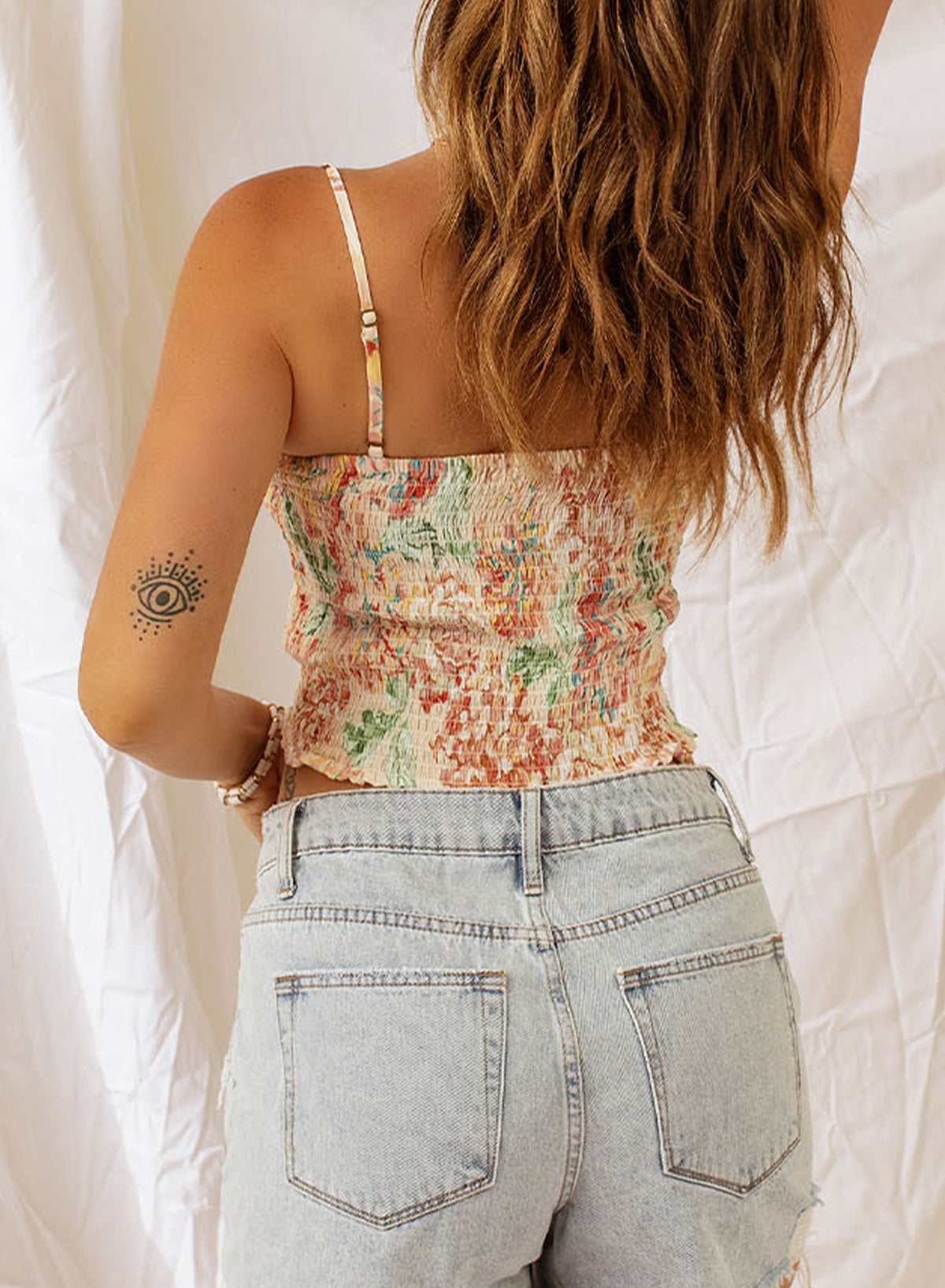 Floral Print Smocked Ruched Tank Top