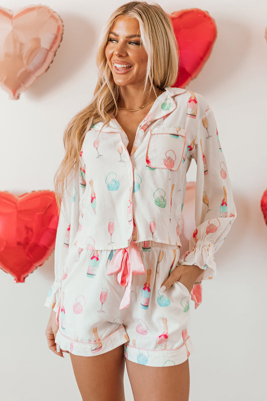 White Christmas Wine Glass Print Bow Knot Two Piece Pajama Set