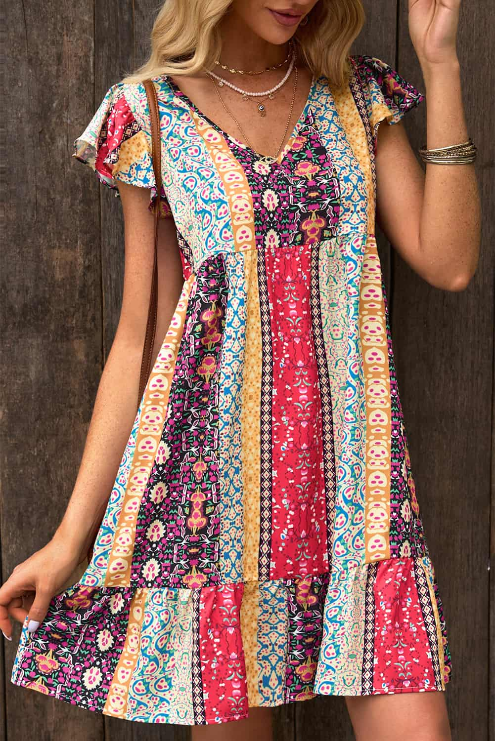 Floral Patchwork Print Flutter Sleeve Dress