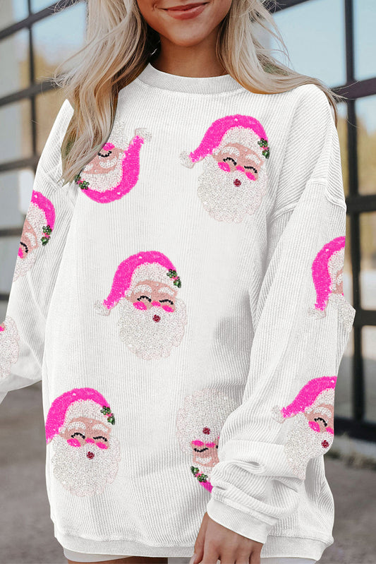 White Sequin Father Christmas Ribbed Oversized Graphic Sweatshirt