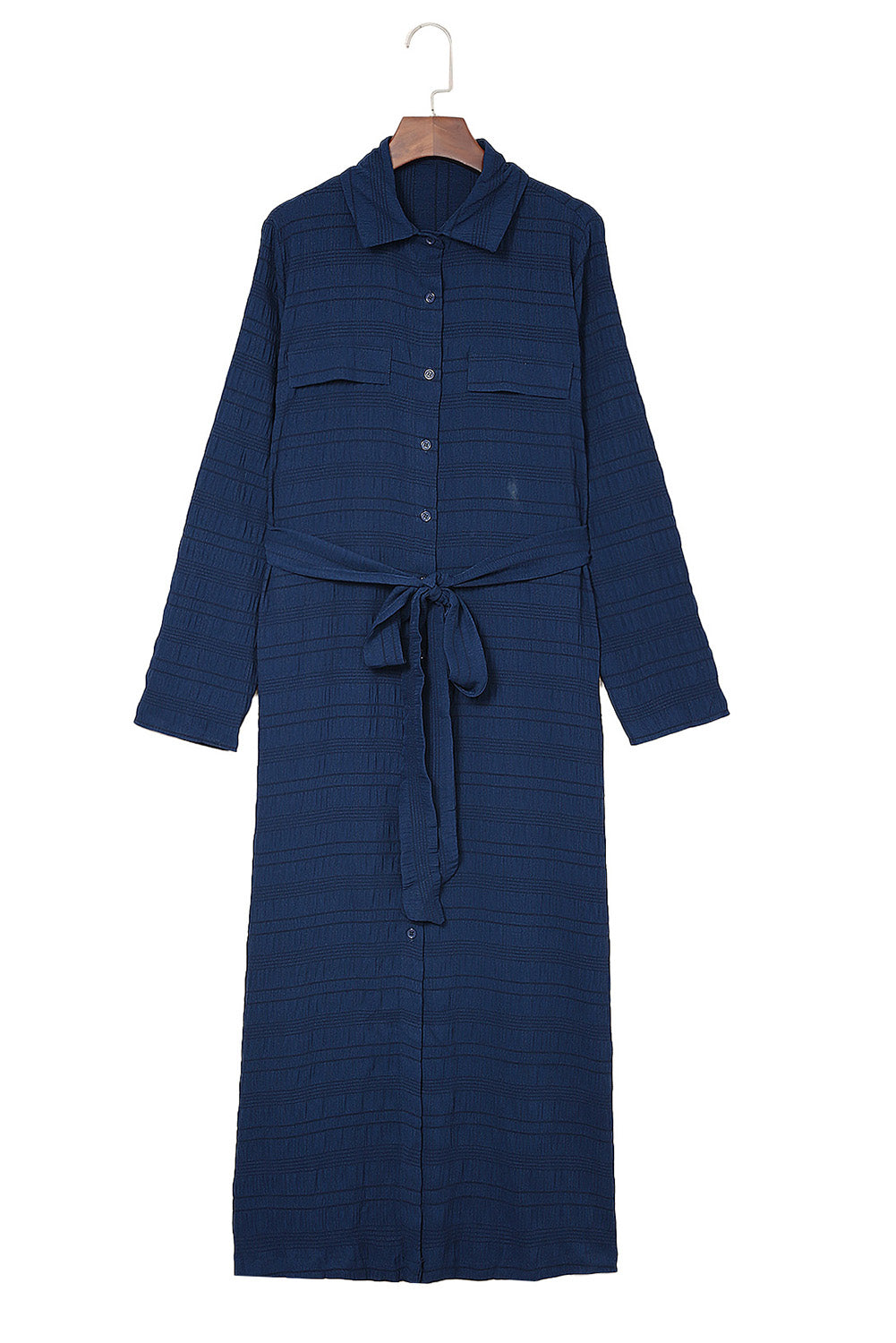 Crinkle Textured Long Sleeve Shirt Dress with Belt