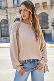 Khaki Lace Long Sleeve Textured Pullover