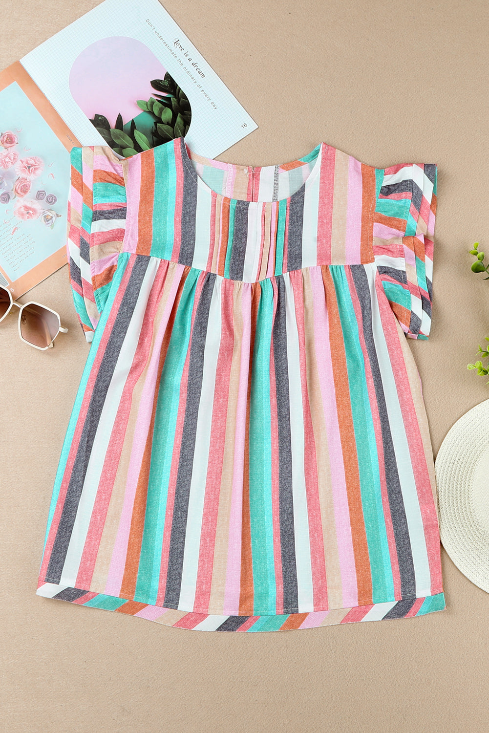 Striped Tiered Ruffle Cap Sleeve Top