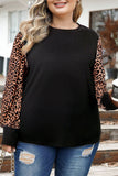 Black Leopard Print Long Sleeve Ribbed Knit Blouse