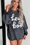 Pink Solid Ribbed Knit Round Neck Pullover Sweatshirt