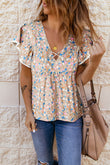 Crisscross V Neck Ruffle Sleeve Printed Flowy Blouse