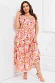 Floral Print Shirred Ruffled Sleeveless Plus Size Dress