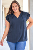 Blue Tiered Ruffled Sleeve Drawstring V Neck Plus Size Blouse